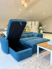 Capri Corner Sofa Bed With Storage â€“ Blue â€“ Universal Chaise â€“ Pull Out Bed