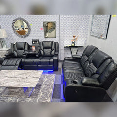 Orlando Electric Recliners 3+2 Seater Leather Sofa Black - Led Lights - Wireless Charger