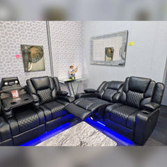Orlando Electric Recliners 3+2 Seater Leather Sofa Black - Led Lights - Wireless Charger