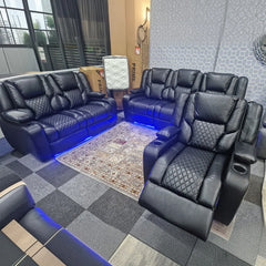 Orlando Electric Recliners 3+2 Seater Leather Sofa Black - Led Lights - Wireless Charger