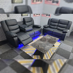 Roma Leather Electric Recliner Sofa With Cupholders - 3+2 Seater Sofa Black