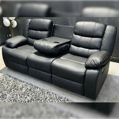 Roma Leather Recliner Sofa with Cupholders - 3+2 Seater Sofa Black