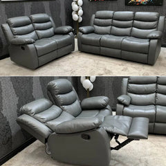 Roma Leather Recliner Sofa with Cupholders - 3+2 Seater Sofa Grey