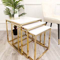 Stella Nest of 3 Square Coffee Tables with Polar White  Stone Top